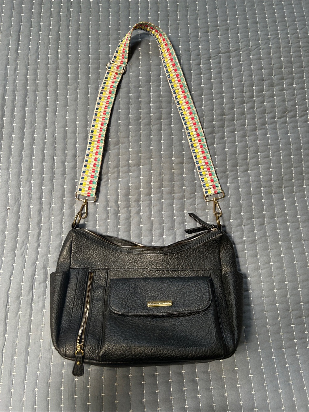 White Mountain Textured Black Leather Crossbody with Colorful Adjustable Strap
